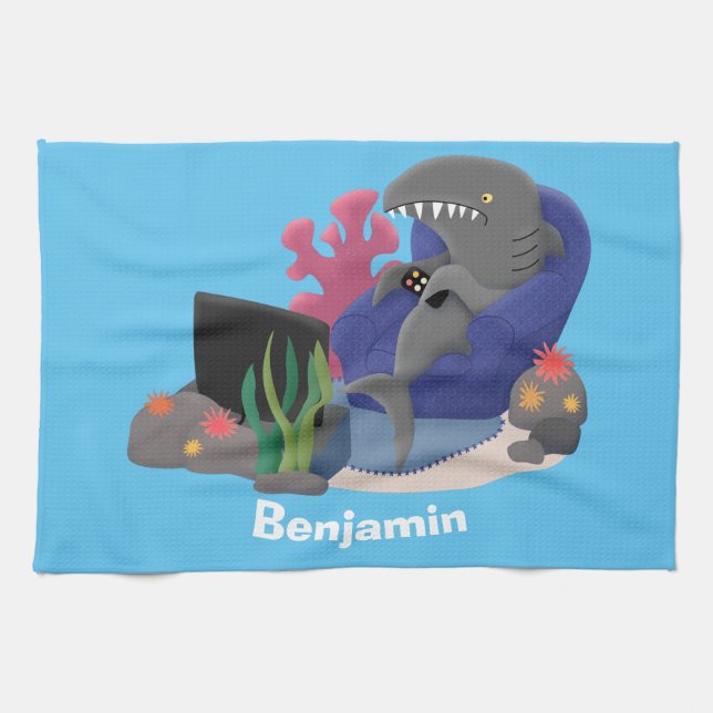 Funny shark watching TV cartoon Kitchen Towel (Horizontal)