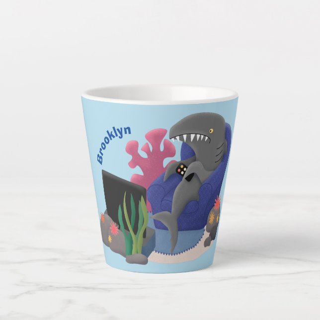 Funny shark watching TV cartoon Latte Mug (Front)