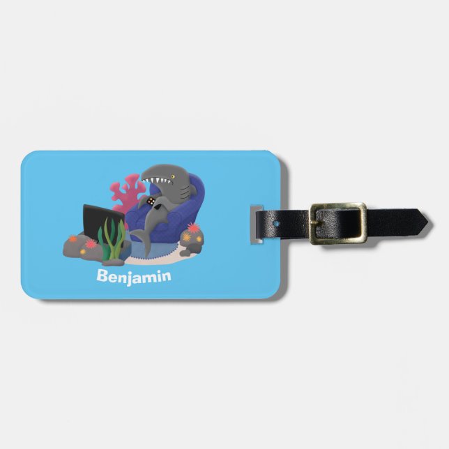 Funny shark watching TV cartoon Luggage Tag (Front Horizontal)