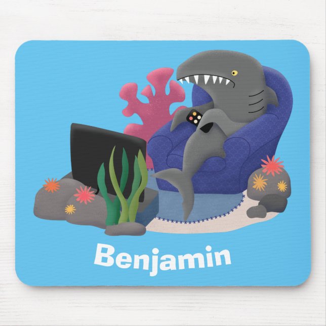 Funny shark watching TV cartoon Mouse Pad (Front)