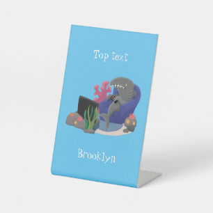 Funny shark watching TV cartoon Pedestal Sign