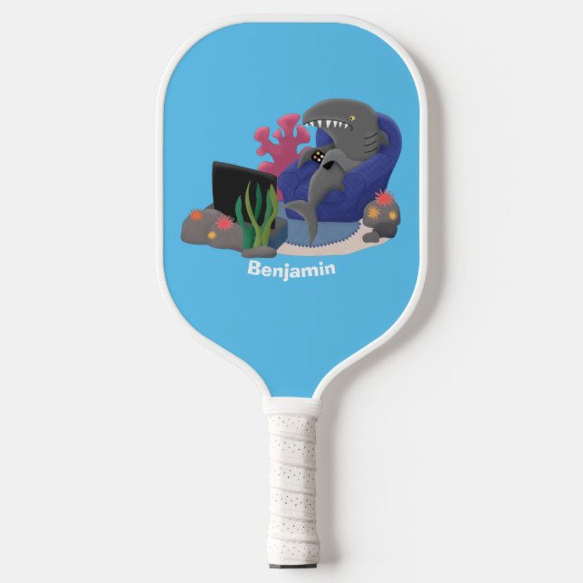 Funny shark watching TV cartoon  Pickleball Paddle (Front)