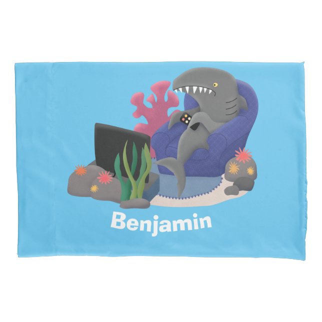 Funny shark watching TV cartoon Pillowcase (Front)