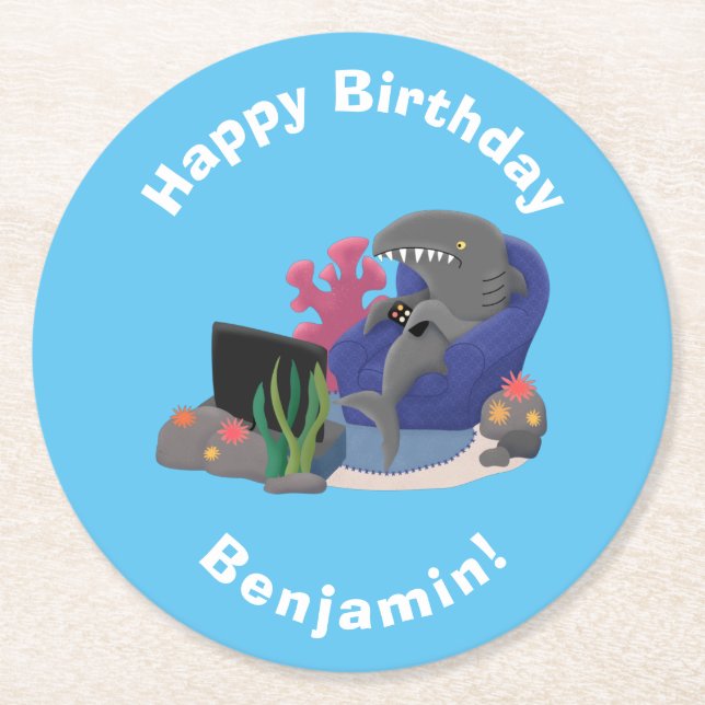 Funny shark watching TV cartoon Round Paper Coaster (Front)