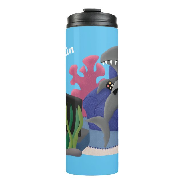 Funny shark watching TV cartoon Thermal Tumbler (Front)
