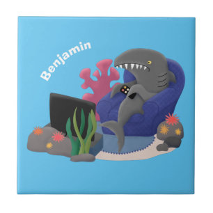 Funny shark watching TV cartoon Tile