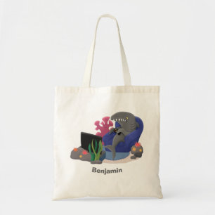 Funny shark watching TV cartoon Tote Bag