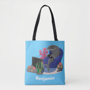 Funny shark watching TV cartoon Tote Bag