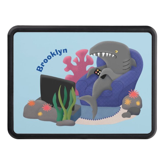 Funny shark watching TV cartoon Trailer Hitch Cover (Front)
