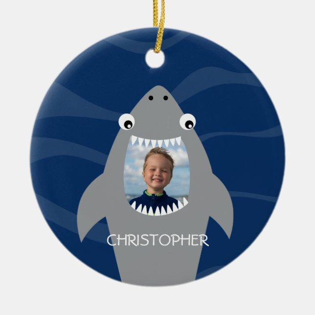 Funny Shark With Photo Ceramic Ornament (Front)