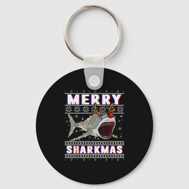 Funny Sharkmas Shark Ugly Christmas Sweaters  Keychain (Front)