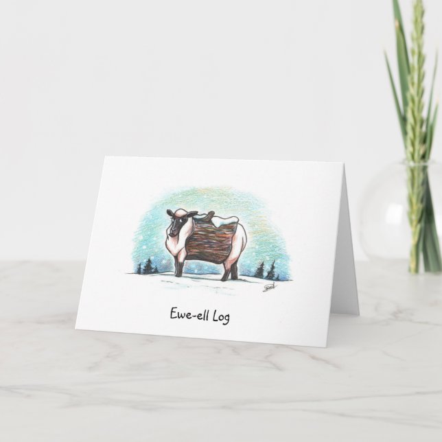 Funny Sheep Cartoon ''Ewe-ell Log'' Christmas Card (Front)