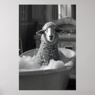 Funny Sheep in Bathtub Print, Bathroom Animal Wall Poster