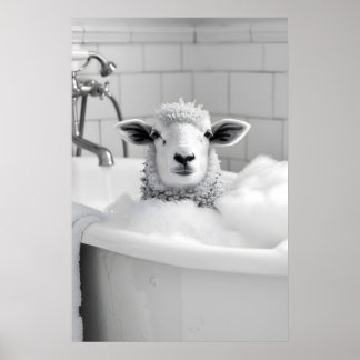 Funny Sheep in Bathtub Print Quirky Bathroom Wall