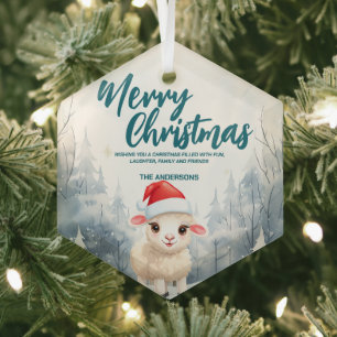 Funny  sheep Merry Xmas tree snow Holiday party Glass Ornament