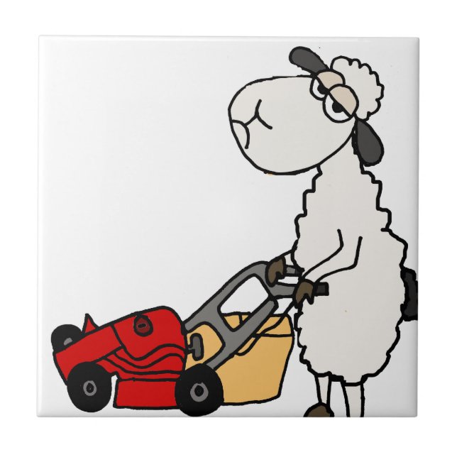 Funny Sheep Mowing Grass Cartoon Tile (Front)