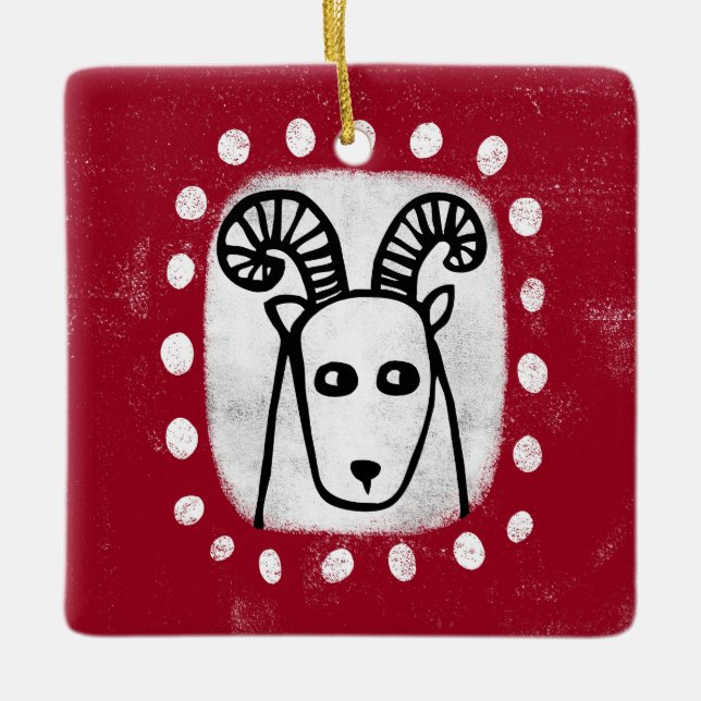 Funny Sheep Ram On Red Ornament (Front)