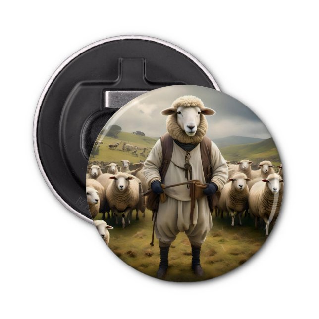 Funny Sheep Shepard With His Flock Of Sheep, Bottle Opener (Front)