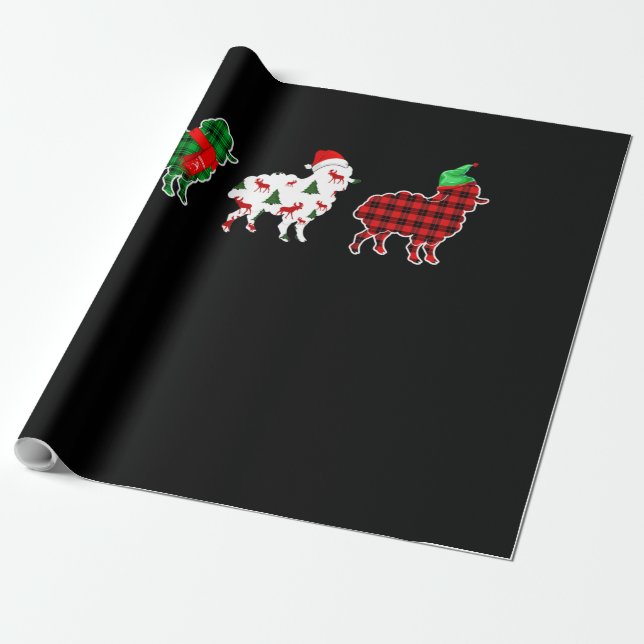 Funny Sheep Xmas Tree Lights | Red Plaid Gift Wrapping Paper (Unrolled)
