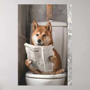 Funny Shiba Inu on Toilet Print, Bathroom Humour Poster