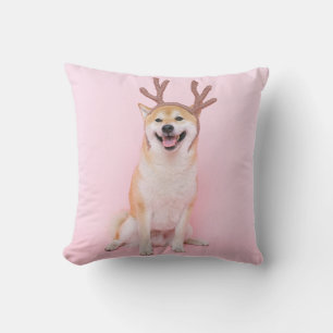funny shiba inu wearing christmas deer costume throw pillow