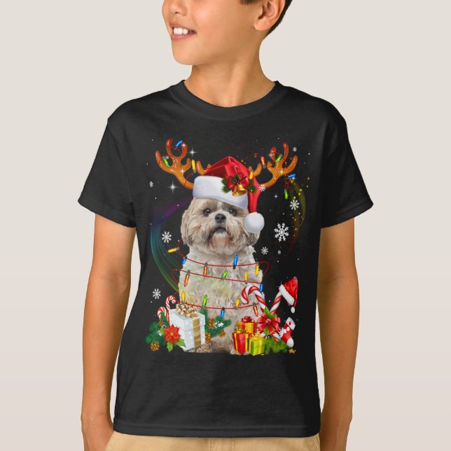 Funny Shih Tzu Christmas Reindeer Christmas Lights T-Shirt (Front)