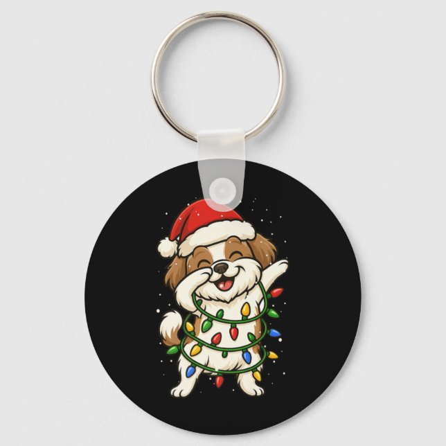 Funny Shih Tzu Dabbing Christmas Lights Xmas Mom D Keychain (Front)