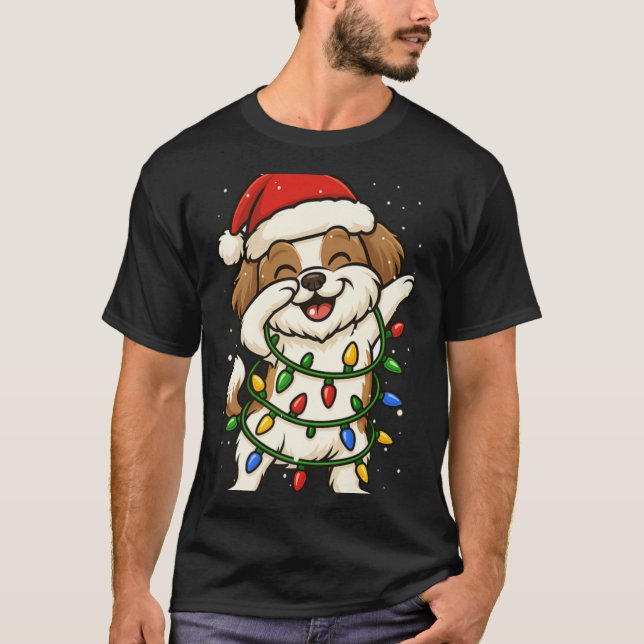 Funny Shih Tzu Dabbing Christmas Lights Xmas Mom D T-Shirt (Front)