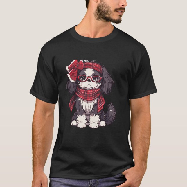 Funny Shih Tzu Dog Plaid Headband Glasses Christma T-Shirt (Front)