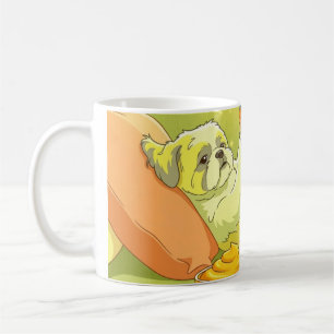 Funny Shih Tzu Dog Relaxing on Sofa with Snacks Coffee Mug