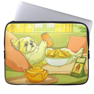 Funny Shih Tzu Dog Relaxing on Sofa with Snacks Laptop Sleeve