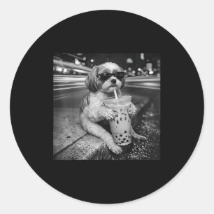 Funny shih tzu drinking iced coffee dog lovers classic round sticker