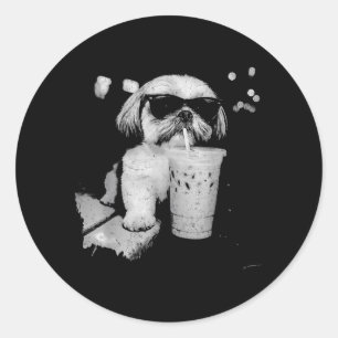 Funny Shih Tzu Drinking Iced Coffee Dog Lovers Classic Round Sticker