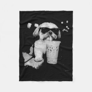 Funny Shih Tzu Drinking Iced Coffee Dog Lovers Fleece Blanket