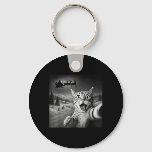 Funny Shocked Cat Selfie Santa Sleigh Christmas Ni Keychain (Front)