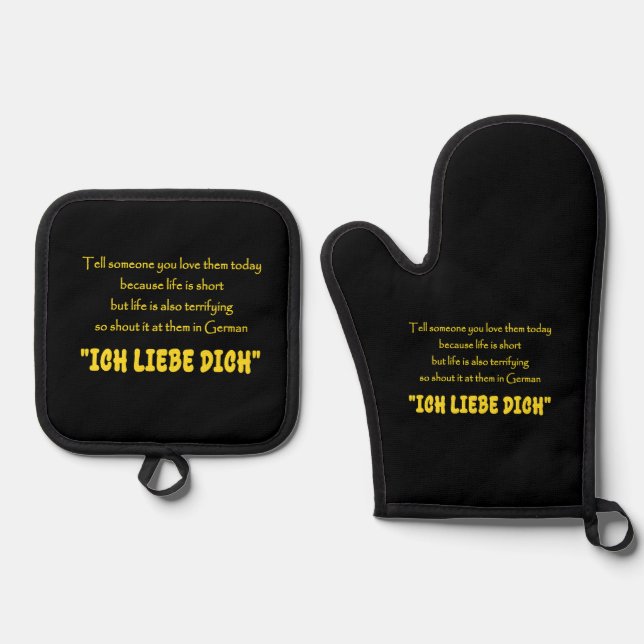 Funny Shout Your Love in German Oven Mitt & Pot Holder Set (Front)