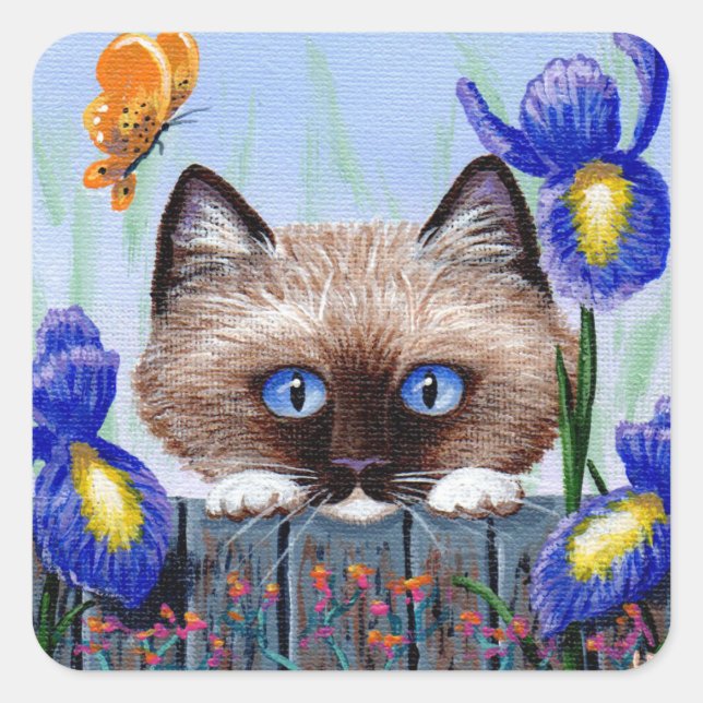 Funny Siamese Cat Iris Creationarts Square Sticker (Front)