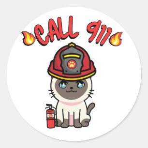 Funny siamese cat is a firefighter classic round sticker