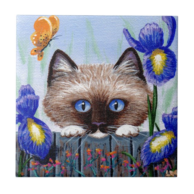 Funny Siamese Ragdoll Burmese Cat Irises Tile (Front)