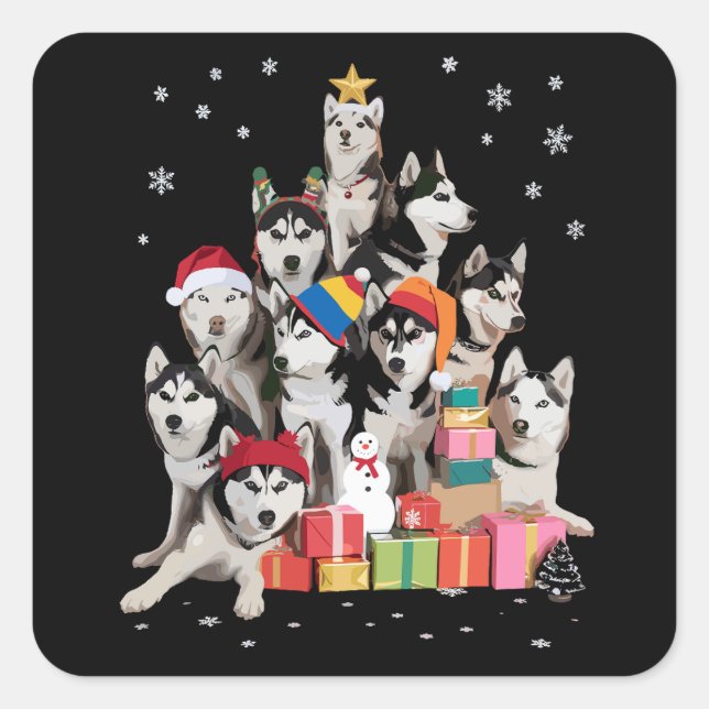 Funny Siberian Husky Christmas Tree Pet Dog Lover  Square Sticker (Front)
