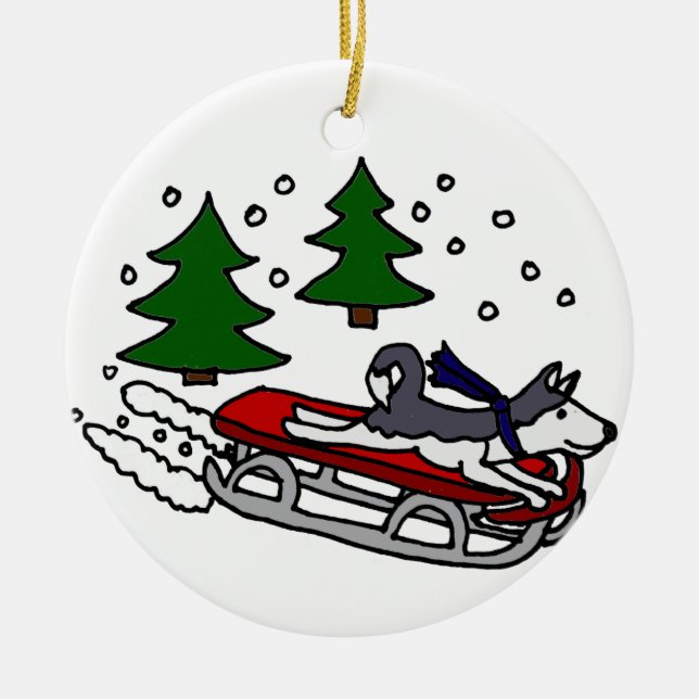 Funny Siberian Husky Dog Riding on Sled Ceramic Ornament (Front)