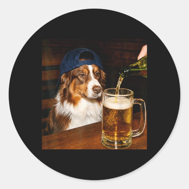 Funny Silly Australian Shepherd Drinking Beer Dog Classic Round Sticker (Front)
