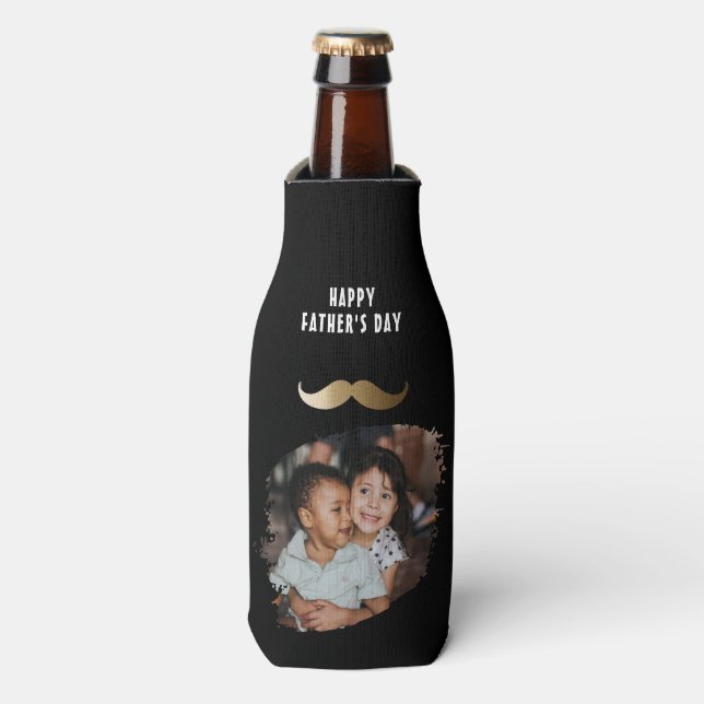 Funny Simple Moustache Happy Father's Day Photo Bottle Cooler (Bottle Front)