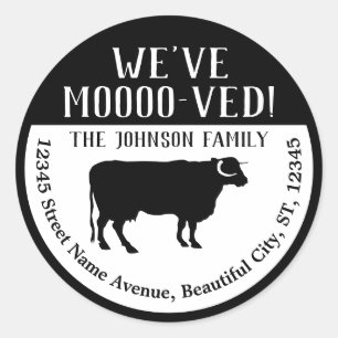 Funny Simple We've Moved Cow Moving Return Address Classic Round Sticker