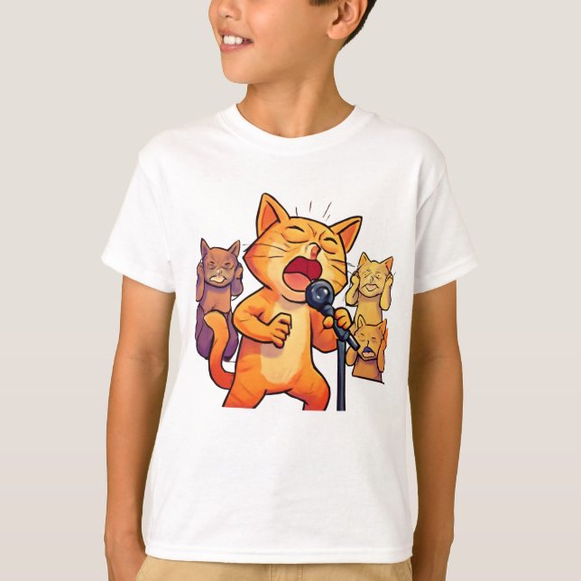 Funny Singing Cat with Microphone Art T-Shirt (Front)