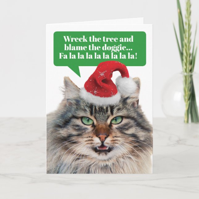 Funny Singing Cat Wreck the Trees FaLaLa Holiday Card (Front)