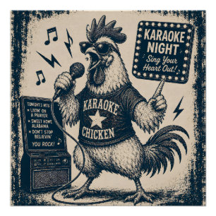 Funny Singing Rooster Vintage Music Illustration Poster