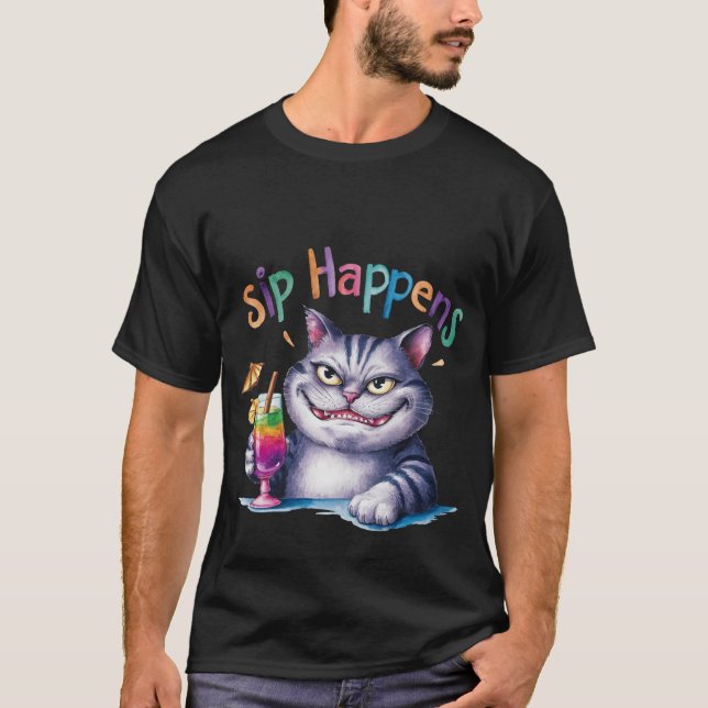 Funny "Sip Happens"Watercolor Cat Cocktail🍹🐈 T-Shirt (Front)