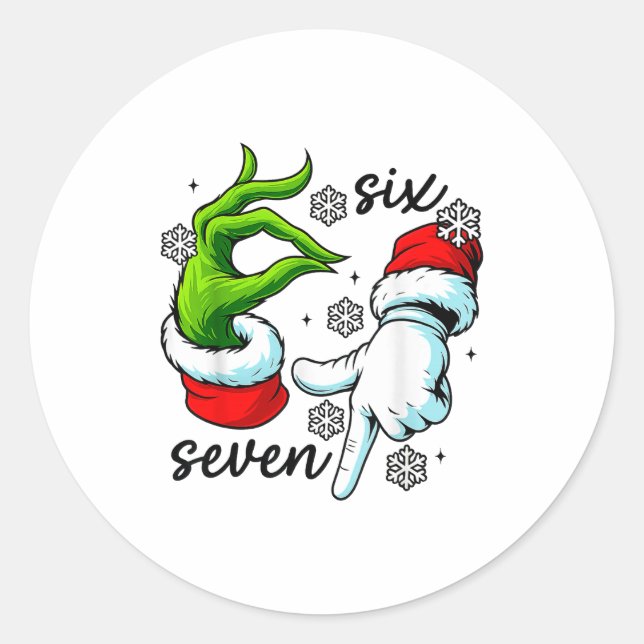 Funny Six Seven 67 Meme 6 7 Christmas Elf Hand Boy Classic Round Sticker (Front)