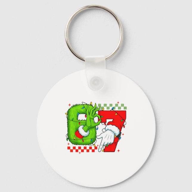 Funny Six Seven 67 Meme 6 7 Christmas Elf Hand Boy Keychain (Front)